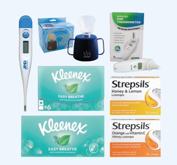Essential Winter Wellness & Cold/Flu Relief Kit (Thermometers, Inhaler, Tissues, & Lozenges)